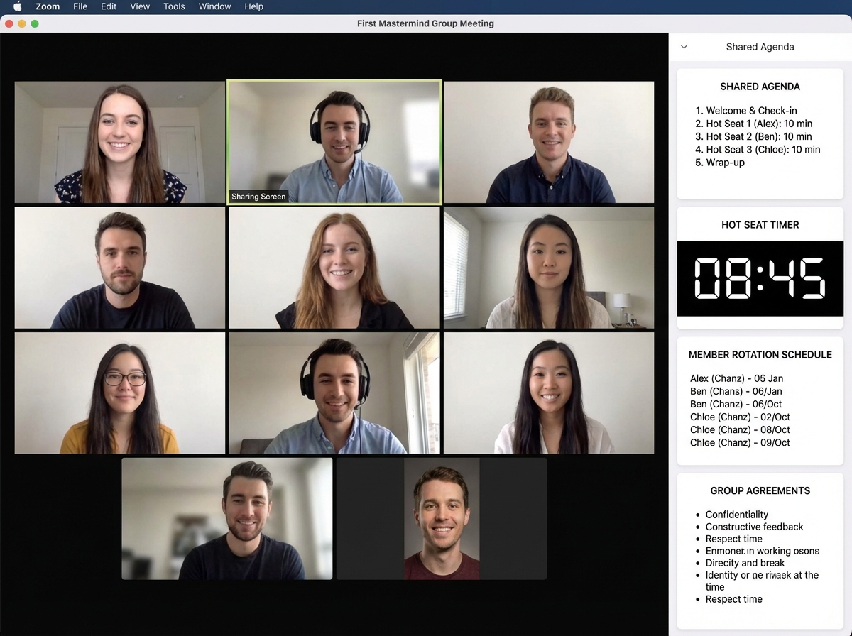 First mastermind group meeting Zoom screen showing shared agenda document with hot seat timer, member name rotation schedule, and group agreements visible in sidebar