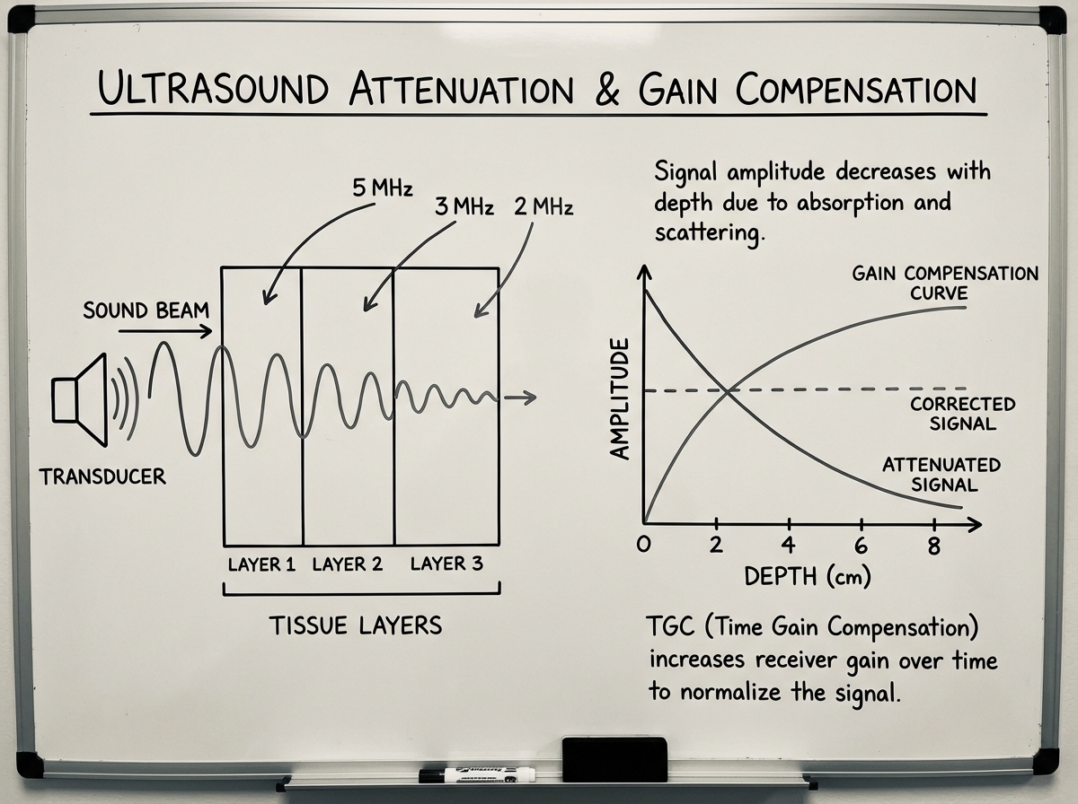 Ultrasound attenuation concept diagram showing sound beam traveling through tissue layers with decreasing amplitude, frequency labels, and depth markers illustrating how gain compensation corrects for signal loss