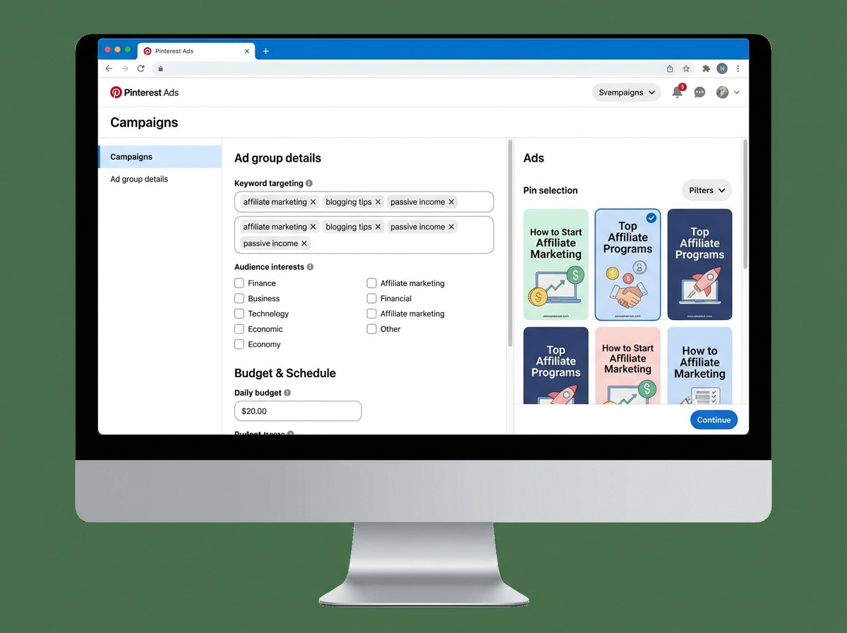 Pinterest Ads campaign setup interface showing keyword targeting fields, audience interest selectors, daily budget input, and pin selection panel for affiliate marketing promoted pin campaign