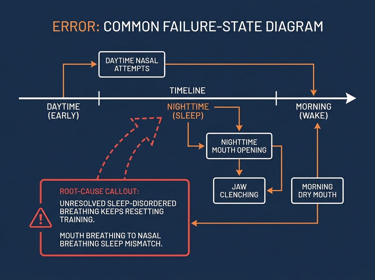 Common failure-state diagram: timeline showing Daytime nasal attempts, Nighttime mouth opening, morning dry mouth, jaw clenching. Root-cause callout: unresolved sleep-disordered breathing keeps resetting training. mouth breathing to nasal breathing sleep mismatch.