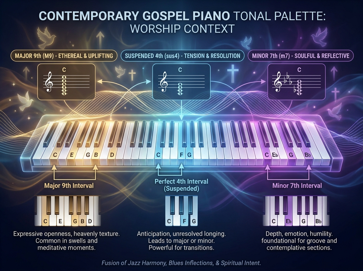 Visual diagram of contemporary gospel piano tonal palette showing major 9th, suspended 4th, minor 7th intervals labeled on a keyboard with worship music context