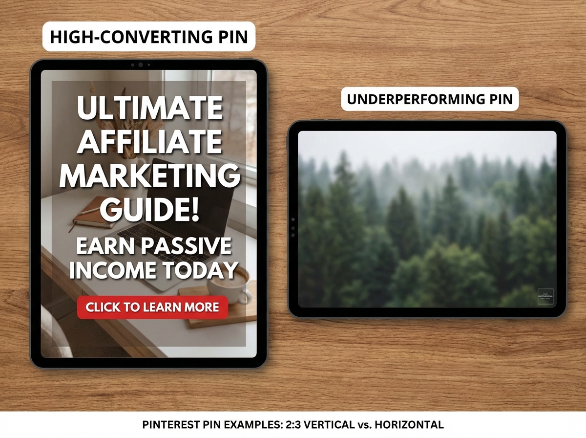 Side-by-side Pinterest pin examples for affiliate marketing showing high-converting 2:3 vertical pin with bold keyword text overlay and clear CTA versus underperforming horizontal pin with no descriptive text