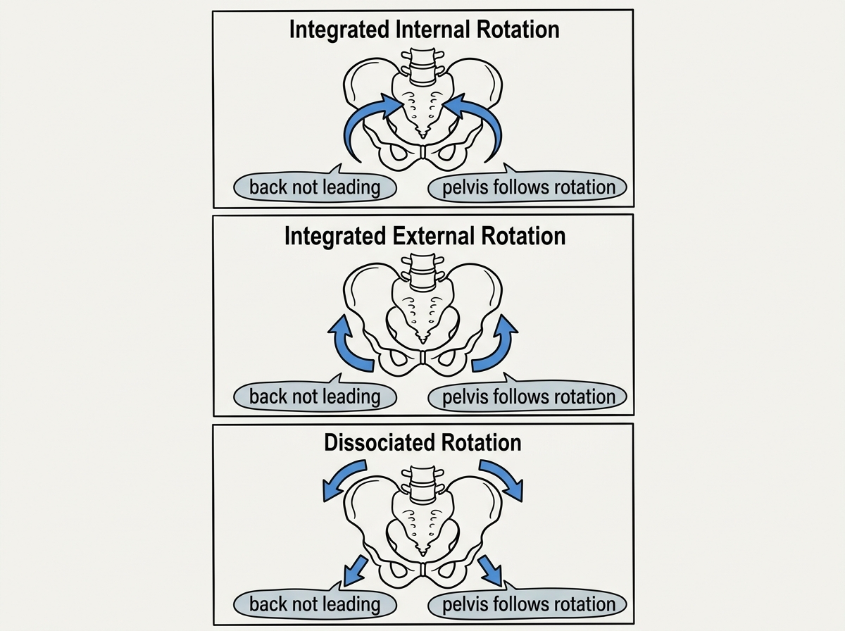 Hip rotation progression diagram: three stacked panels labeled integrated internal rotation, integrated external rotation, dissociated rotation; each panel shows a pelvis outline with movement arrows and notes “back not leading” and “pelvis follows rotation.”