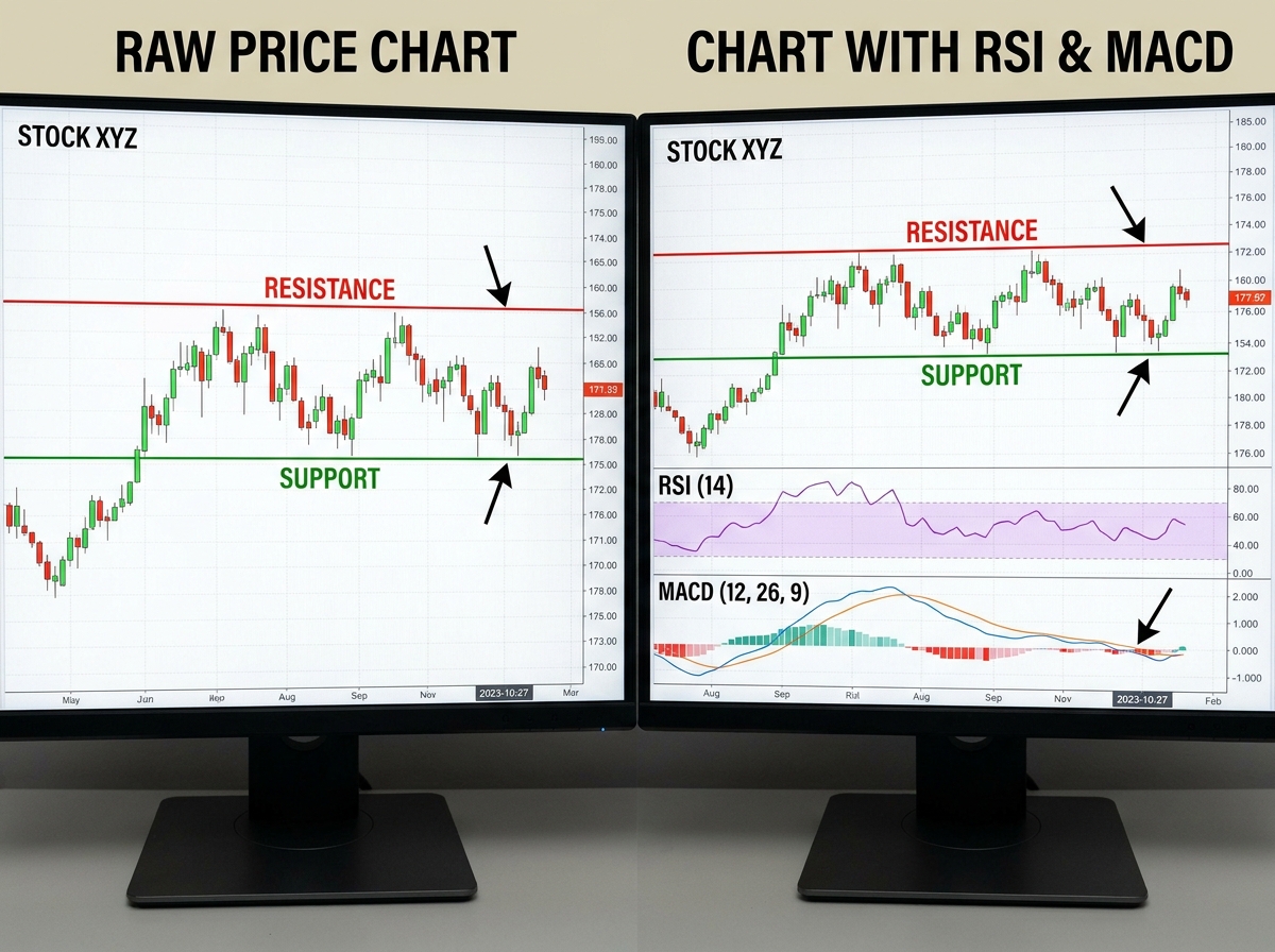 Side-by-side comparison of raw price chart versus same chart with RSI and MACD overlaid, showing how indicators confirm existing support and resistance levels in stock market technical analysis