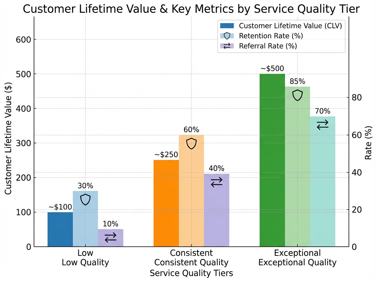 Bar chart comparing customer lifetime value across three service quality tiers — low, consistent, and exceptional — with retention rate and referral rate as secondary metrics