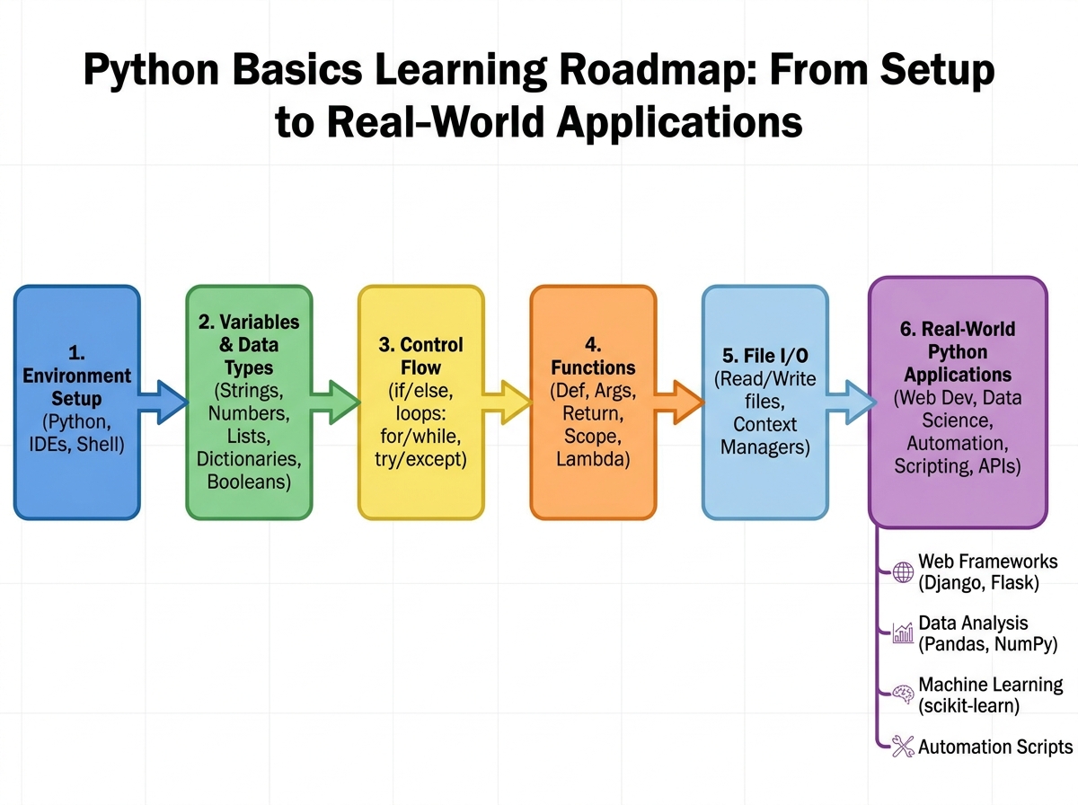 Python basics learning roadmap diagram showing progression from environment setup through variables, data types, control flow, functions, and file I/O toward real-world Python applications
