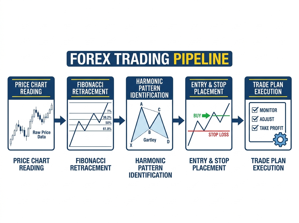 Forex pattern trading pipeline diagram showing price chart reading flowing into Fibonacci retracement, then harmonic pattern identification, then entry and stop placement, then trade plan execution