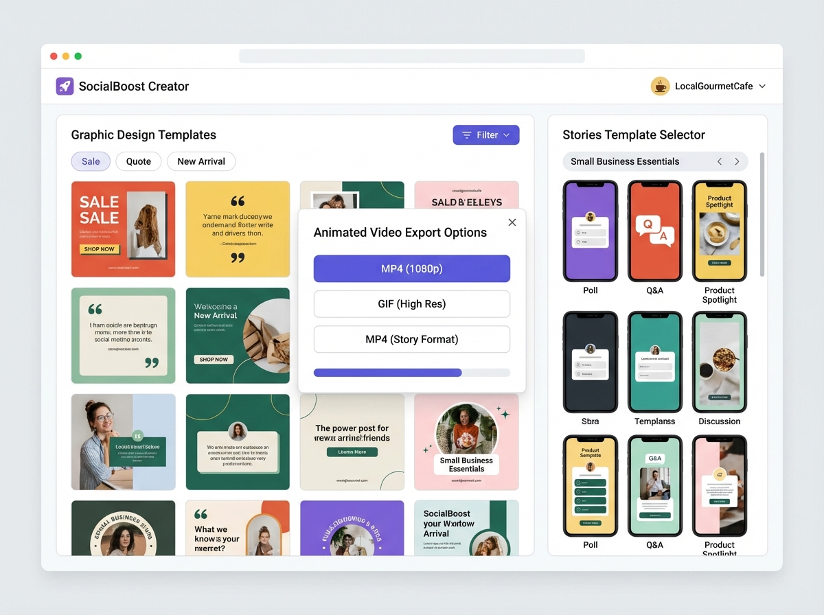 Instagram content creation tools dashboard showing graphic design template library, animated video export options, and Stories template selector for small business social media content