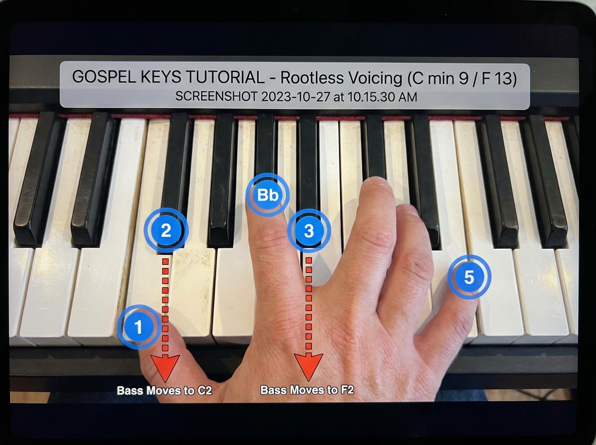 Piano keyboard close-up showing left hand position for contemporary gospel rootless chord voicing, with finger placement annotations and bass movement arrow indicators