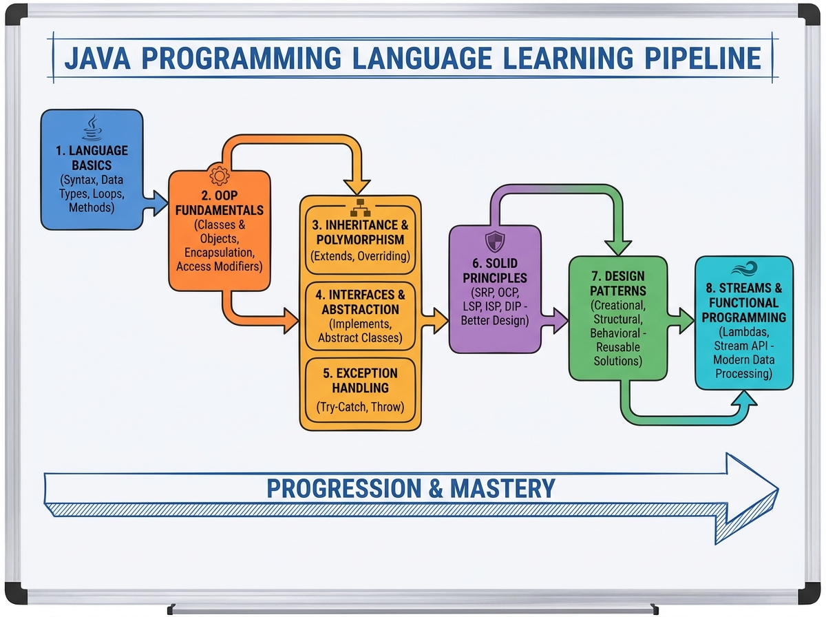 Java programming language learning pipeline diagram showing progression from language basics through OOP classes and encapsulation, inheritance, interfaces, SOLID principles, to design patterns and streams