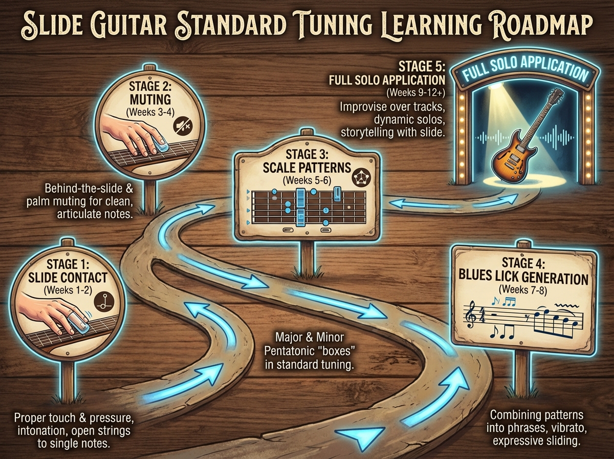 Slide guitar standard tuning learning roadmap showing five sequential stages from slide contact through muting, scale patterns, blues lick generation, and full solo application with week estimates per stage