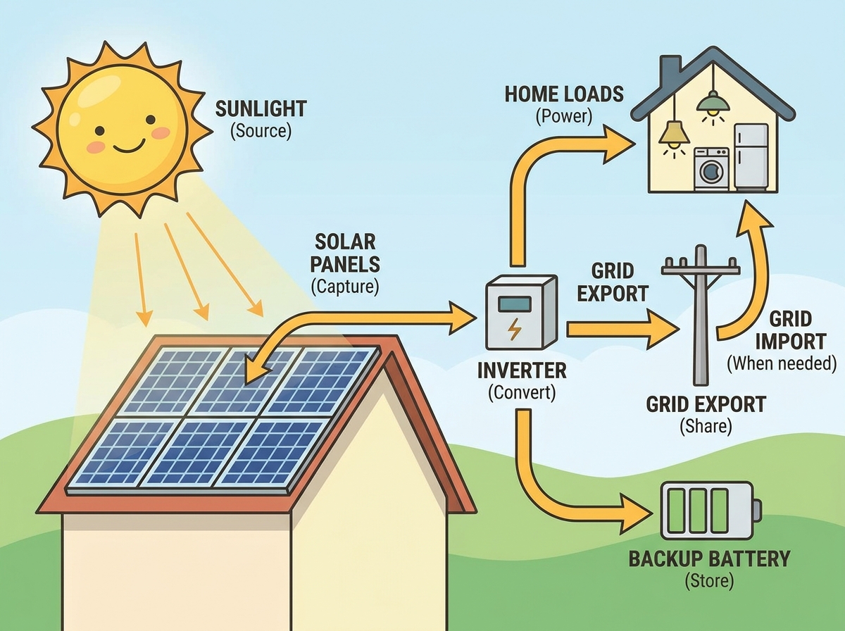 Solar sales concept visual showing energy flow from sunlight to panels, inverter, home loads, grid export, and backup battery with beginner-friendly labels for each step