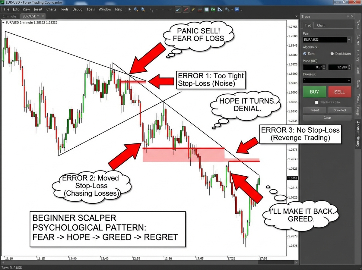 Annotated screenshot showing common stop-loss misplacement and psychological reaction pattern of beginner scalpers in forex market.
