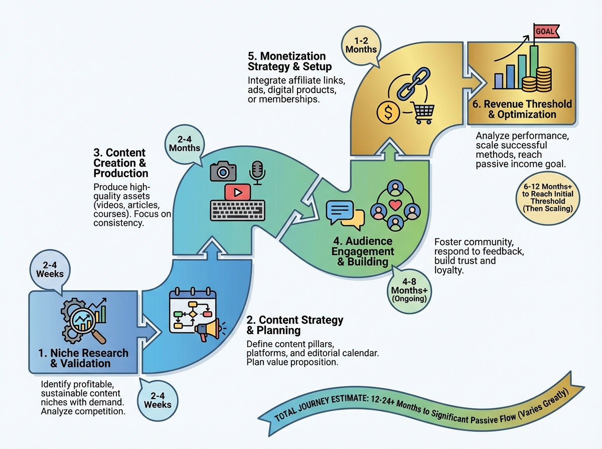 Passive income content creation learning roadmap showing six sequential stages from niche research through audience engagement to revenue threshold, with time estimates per stage
