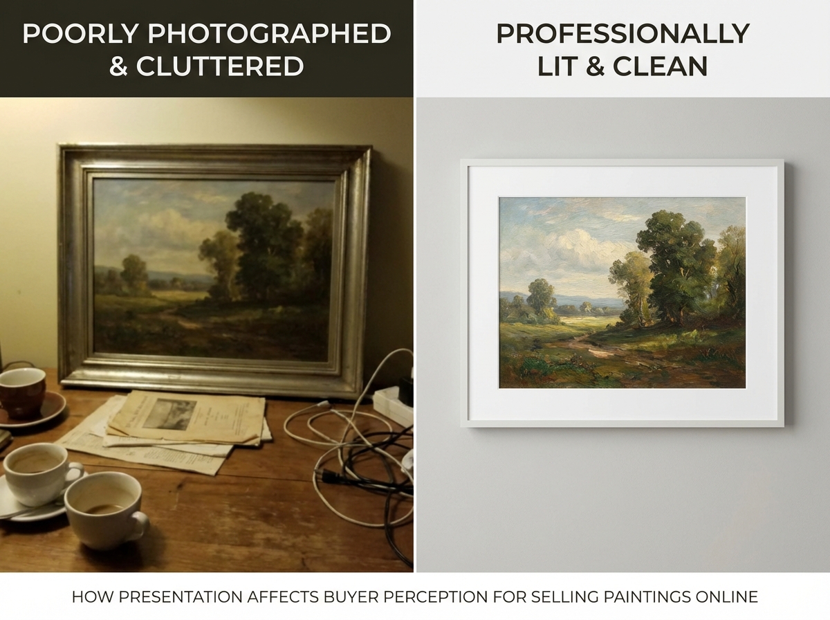 Side-by-side comparison of a poorly photographed painting on a cluttered background versus a well-lit artwork on a clean neutral surface showing how presentation affects buyer perception for selling paintings online