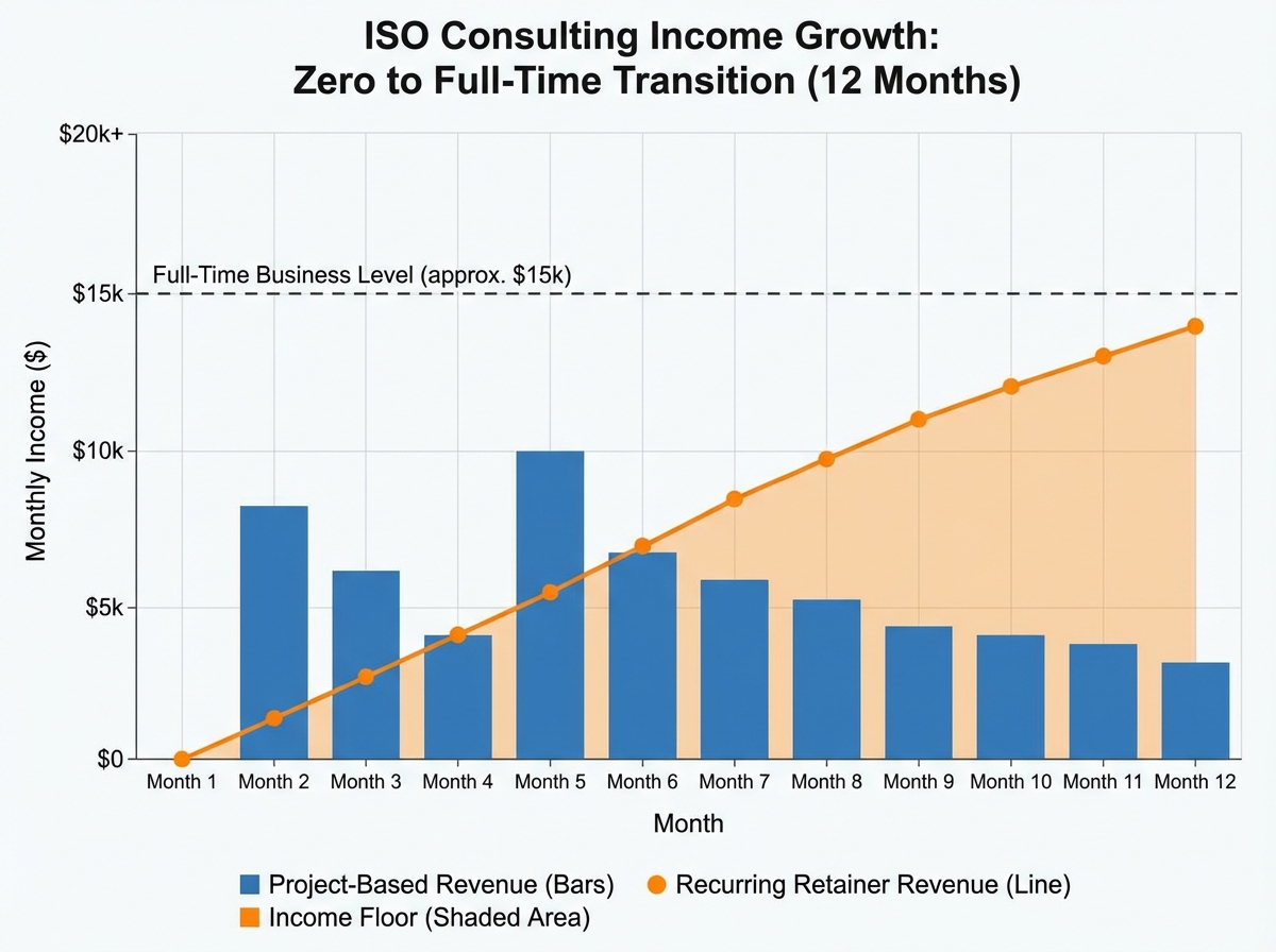 ISO consulting income growth chart showing transition from zero to full-time business with project-based revenue bars and recurring retainer revenue line overlay, illustrating income floor building over 12 months