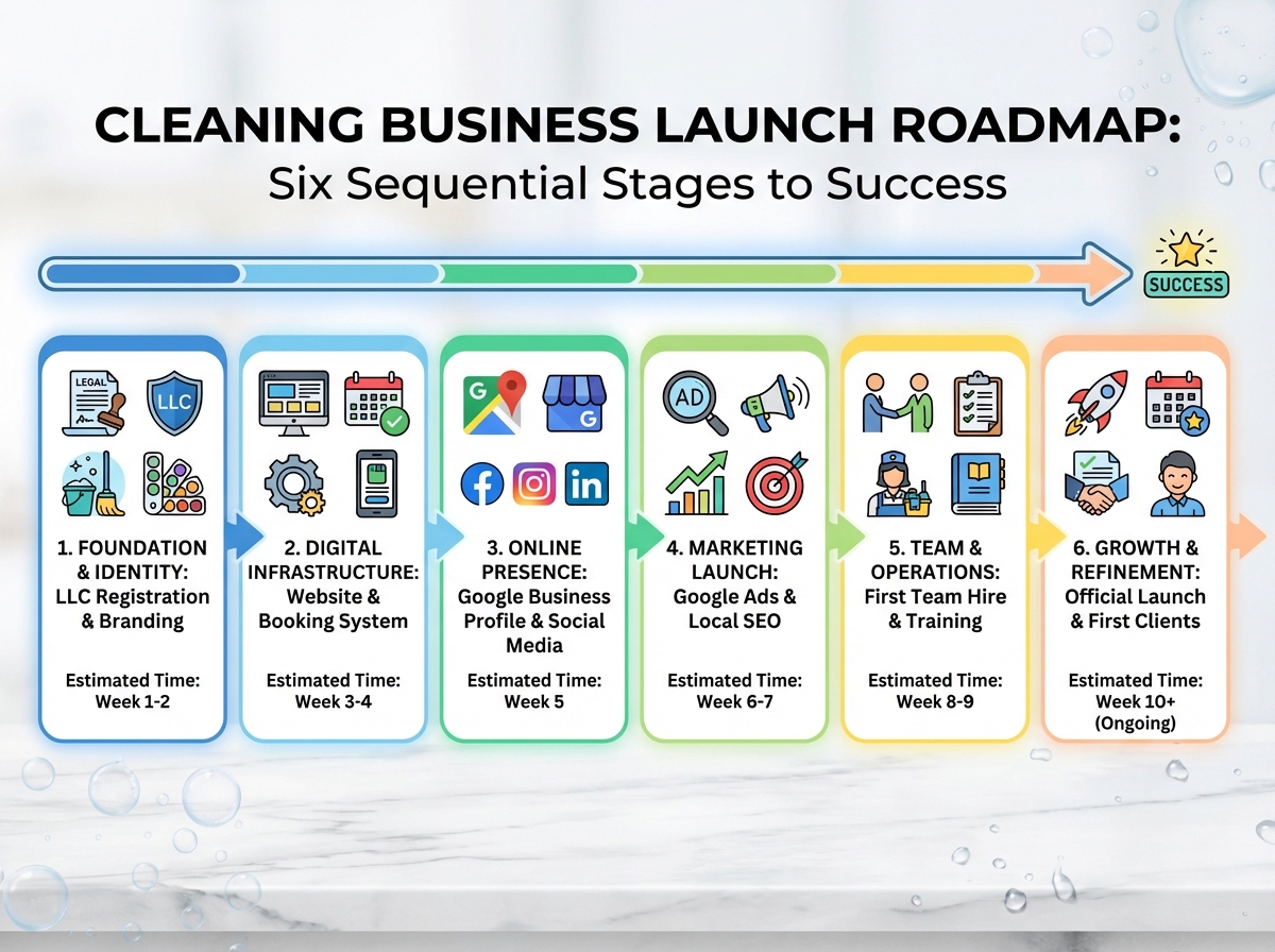Cleaning business launch roadmap showing six sequential stages from LLC registration and branding through digital infrastructure, Google Ads, and first team hire with estimated time per stage