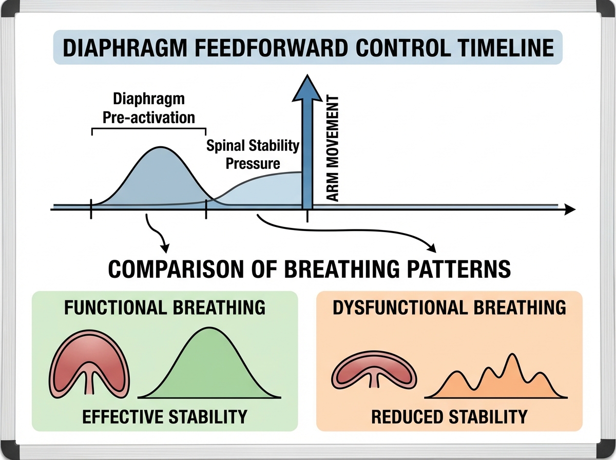 Diaphragm feedforward control concept showing timeline of diaphragm pre-activation before arm movement, with spinal stability pressure curve and comparison between functional and dysfunctional breathing patterns