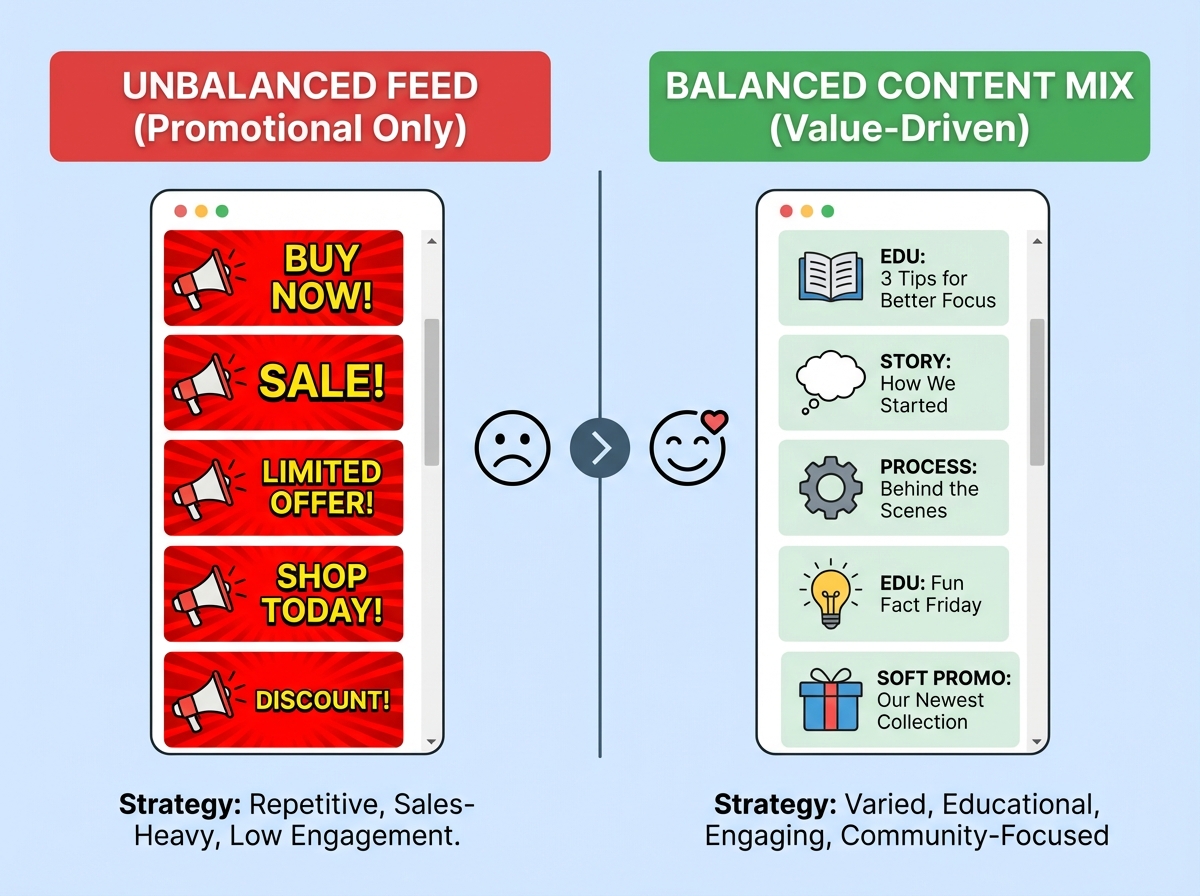 Side-by-side content strategy comparison showing unbalanced feed with only promotional posts versus balanced content mix of education, story, process-sharing, and soft promotion