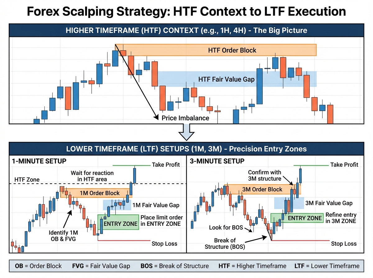 Forex scalping strategy diagram showing higher timeframe fair value gaps and order blocks leading to 1-minute and 3-minute trade setups with marked entry zones.
