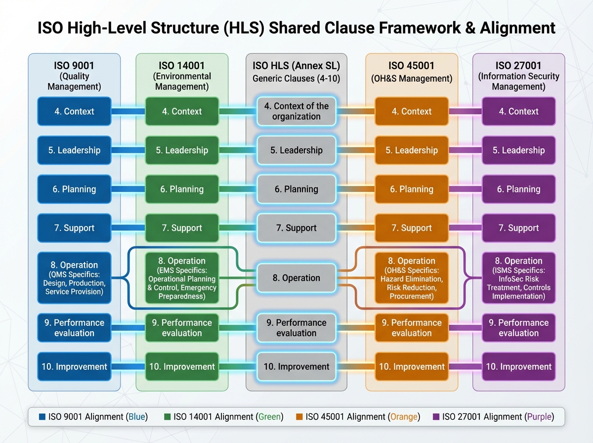 ISO high-level structure concept diagram showing shared clause framework across ISO 9001, ISO 14001, ISO 45001, and ISO 27001 standards with color-coded alignment between equivalent sections