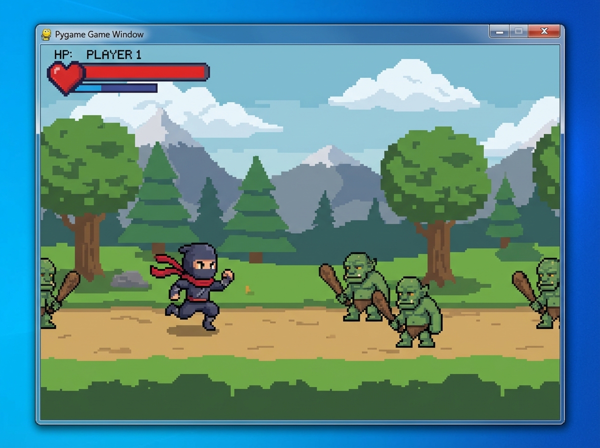 Pygame game window showing ninja player character sprite mid-run animation against a scrolling background with troll enemy sprites and health bar UI elements