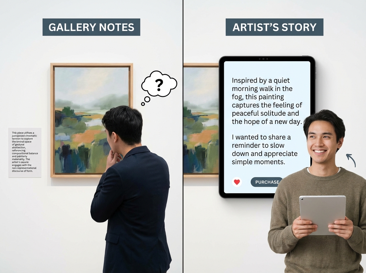 Side-by-side of a generic art description using gallery jargon versus a plain-language artwork write-up answering what inspired the painting and what message it carries, showing which style connects better with online buyers
