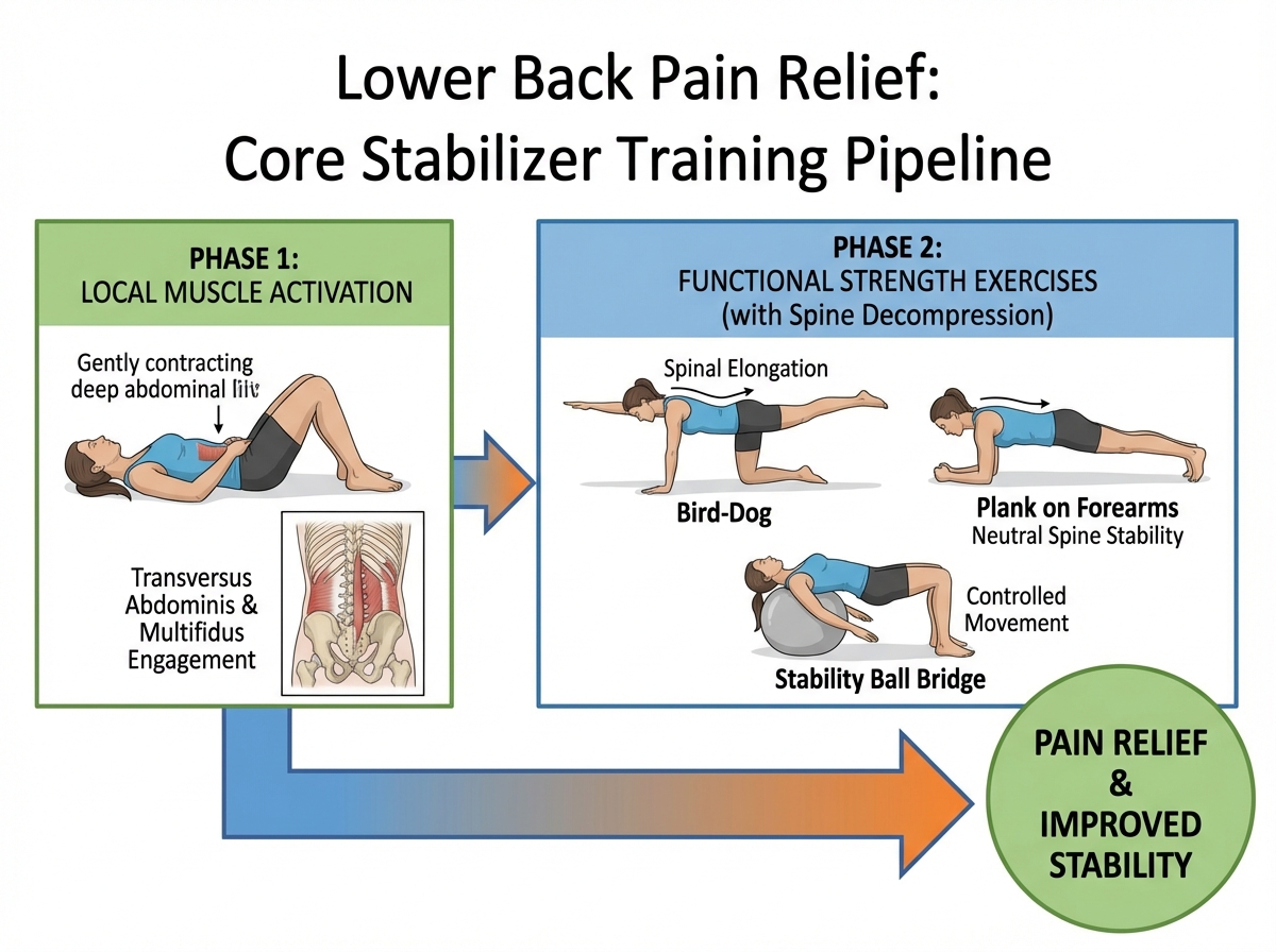 Lower back pain relief diagram showing two-phase core stabilizer training pipeline: Phase 1 local muscle activation, Phase 2 functional strength exercises with spine decompression