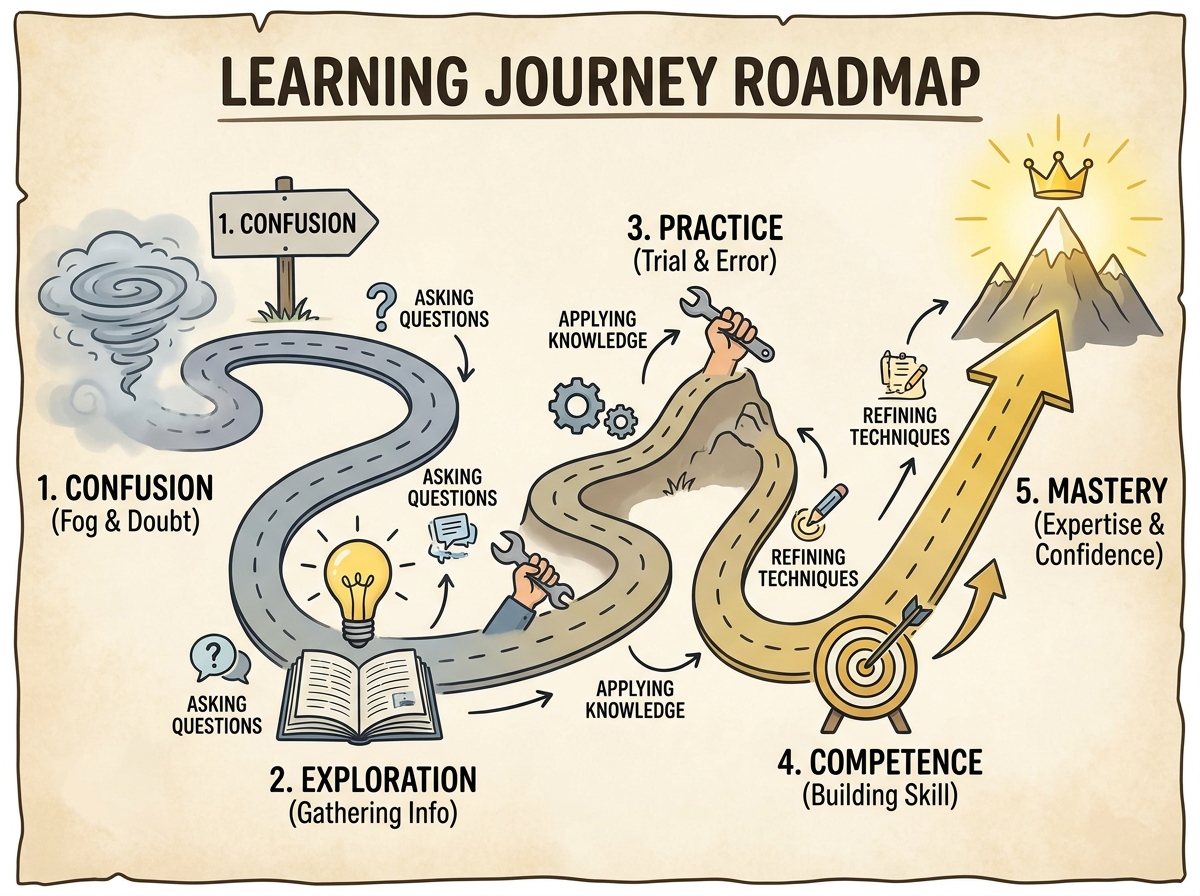 Learning journey timeline showing stages from confusion to mastery