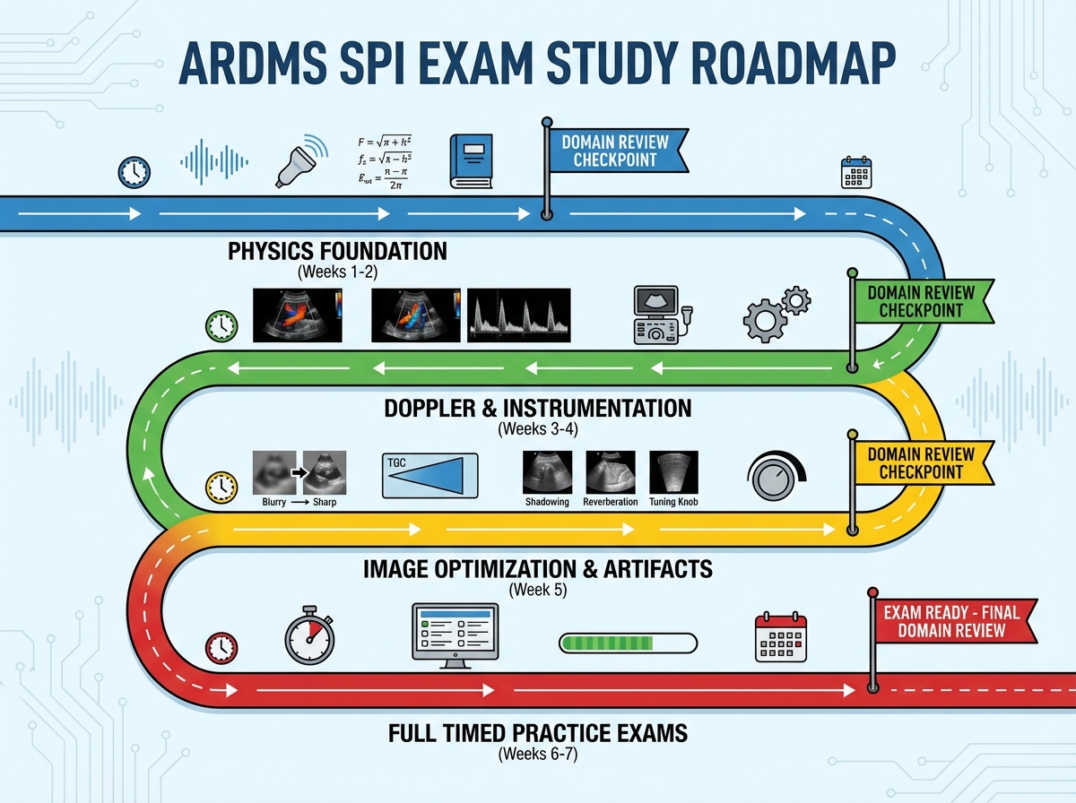 ARDMS SPI exam study roadmap showing four stages: physics foundation weeks 1-2, Doppler and instrumentation weeks 3-4, image optimization and artifacts week 5, full timed practice exams weeks 6-7 with domain review checkpoints