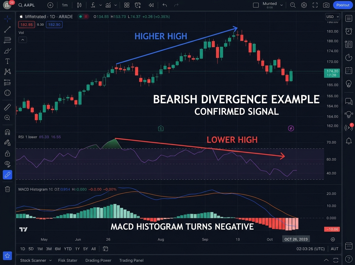 RSI divergence example on stock market chart showing price making higher high while RSI indicator makes lower high, with MACD histogram turning negative confirming bearish divergence signal