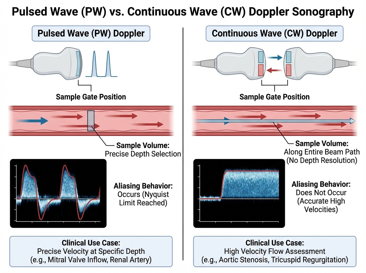 Side-by-side comparison of pulsed wave Doppler vs continuous wave Doppler sonography showing waveform output, sample gate position, aliasing behavior, and clinical use case labels