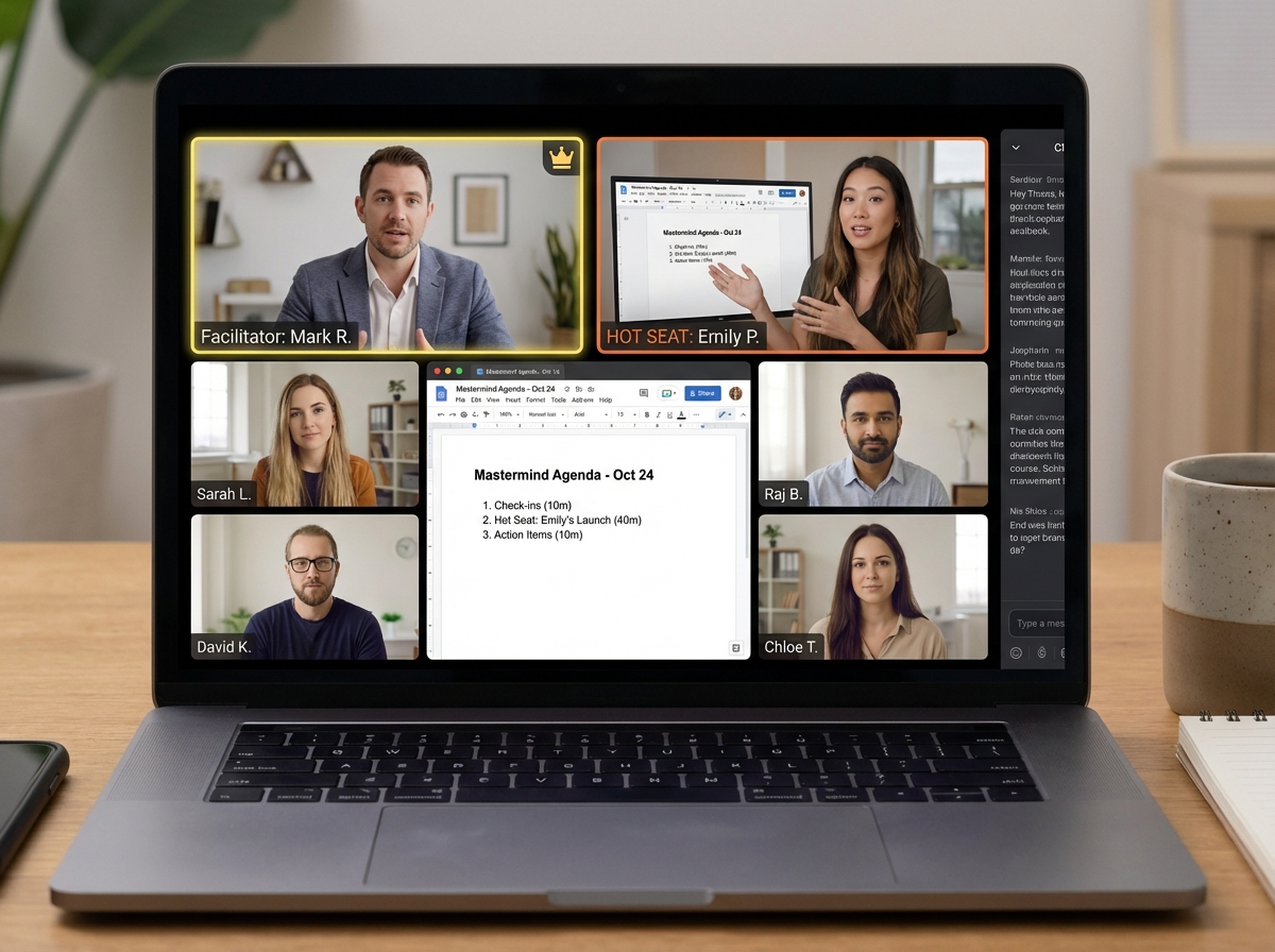 Virtual mastermind group session scene showing a Zoom screen layout with six to eight participants, one member in the hot seat with a shared agenda document visible, facilitator highlighted