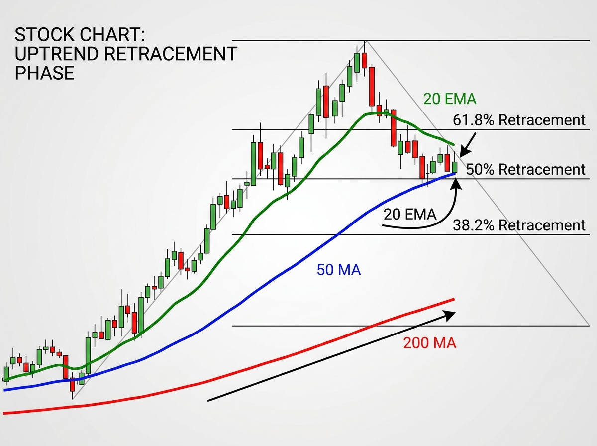 Moving averages and Fibonacci retracement diagram on stock chart showing 20 EMA, 50 MA, 200 MA overlaid with 38.2%, 50%, and 61.8% Fibonacci levels during an uptrend retracement phase