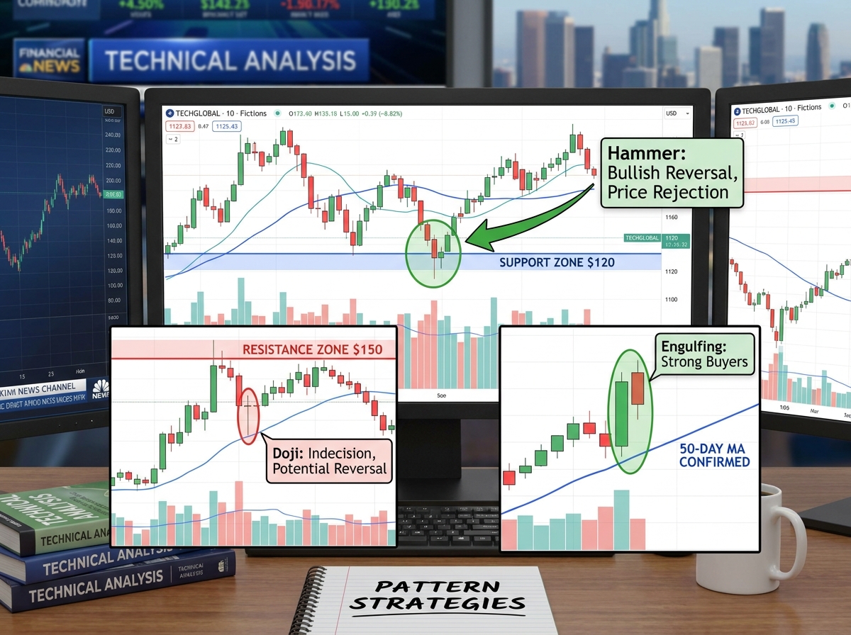 Candlestick chart patterns comparison scene showing hammer, doji, and engulfing patterns at support and resistance zones with moving average confirmation for stock market technical analysis