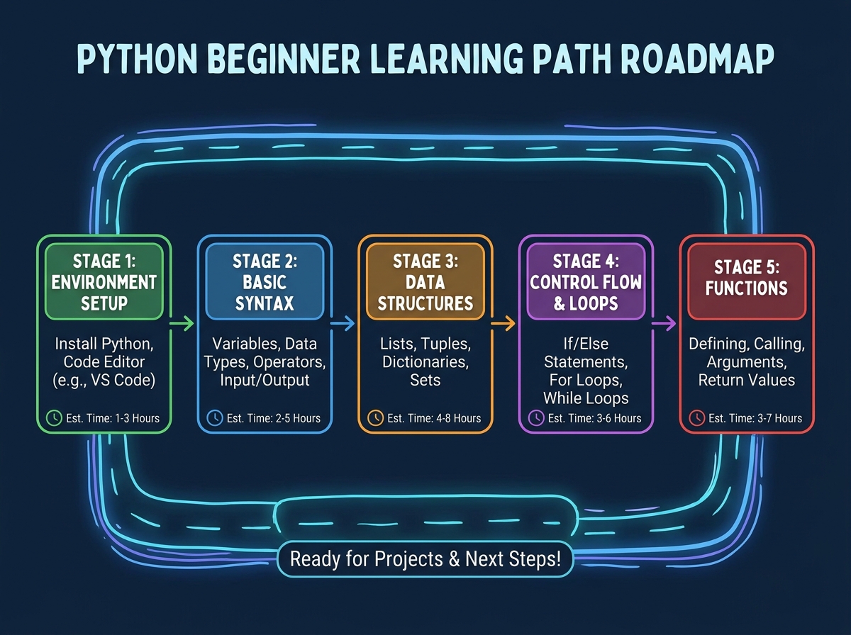 Python beginner learning path roadmap showing sequential stages from environment setup through syntax, data structures, control flow, loops, and functions with estimated time per stage