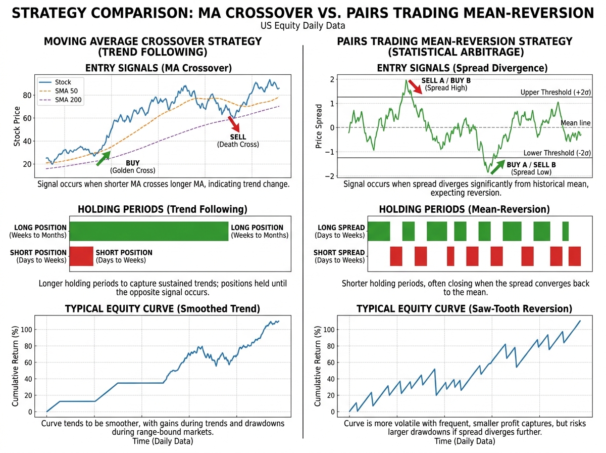 Side-by-side comparison of moving average crossover strategy versus pairs trading mean-reversion strategy, showing entry signals, holding periods, and typical equity curves for each approach on US equity daily data