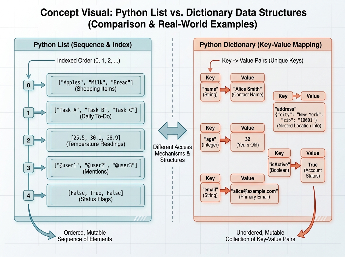 Visual diagram comparing Python list vs dictionary data structures, showing indexed list items alongside key-value dictionary pairs with real-world example data