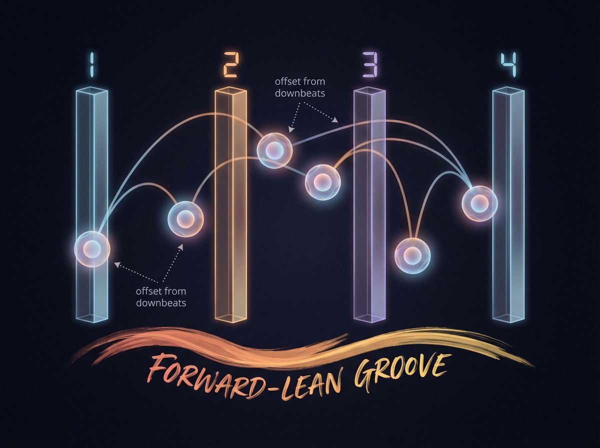 Abstract visual of 5-note piano rhythm pattern syncopation showing beat positions 1 through 4 with note landing points offset from downbeats, illustrating the forward-lean groove feel