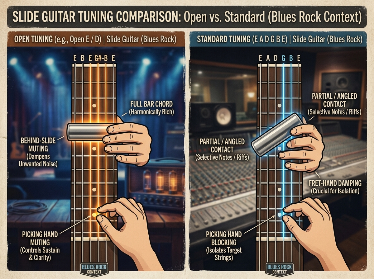 Side-by-side comparison of open tuning vs standard tuning slide guitar showing fretboard diagrams with slide position, targeted strings highlighted, and muting hand positions labeled for blues rock context