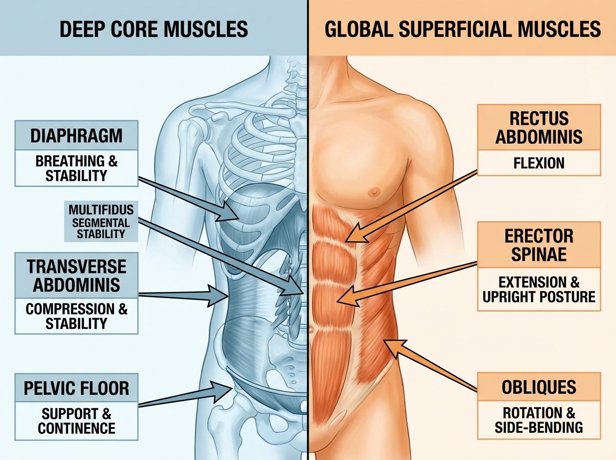 Side-by-side comparison of deep core muscles (diaphragm, pelvic floor, transverse abdominis, multifidus) versus global superficial muscles (rectus abdominis, erector spinae, obliques) with their respective roles labeled