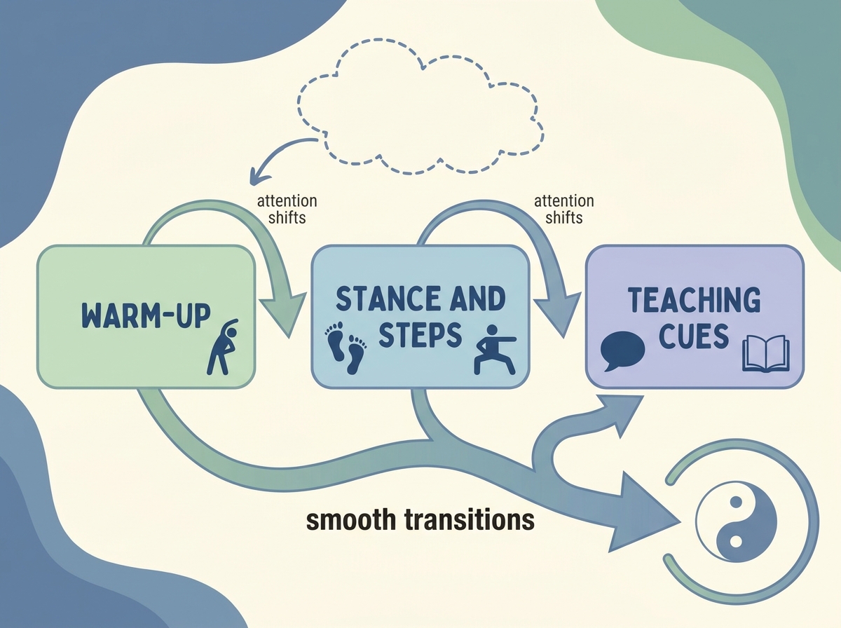 Tai Chi learning pipeline diagram with three labeled boxes: Warm-up, Stance and Steps, Teaching Cues; arrows show flow from attention shifts to smooth transitions.