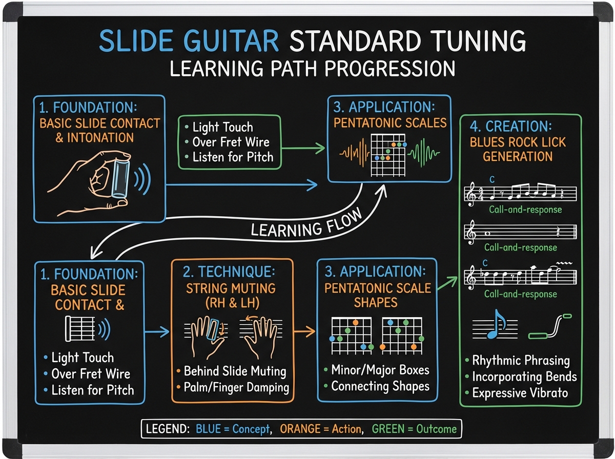 Slide guitar standard tuning learning path diagram showing progression from basic slide contact and intonation through string muting technique to pentatonic scale shapes and blues rock lick generation