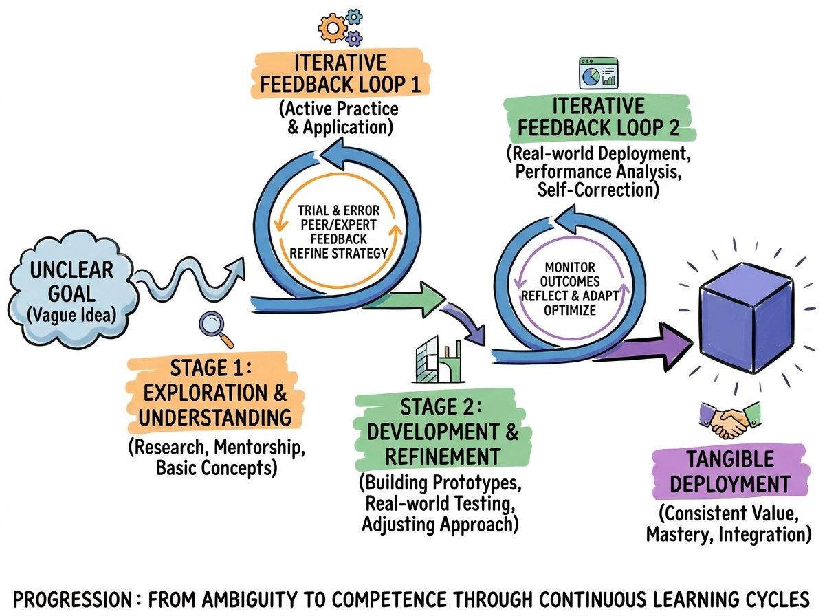 How a real-world skill is learned: from unclear goal to tangible deployment, with iterative feedback loops