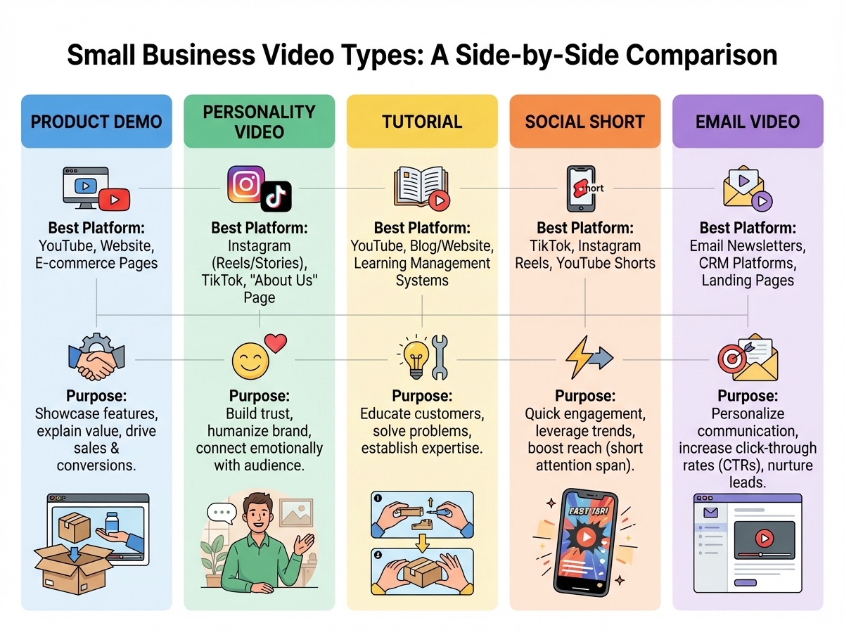 Comparison of five small business video types side-by-side: product demo, personality video, tutorial, social short, and email video — showing best platform and purpose for each