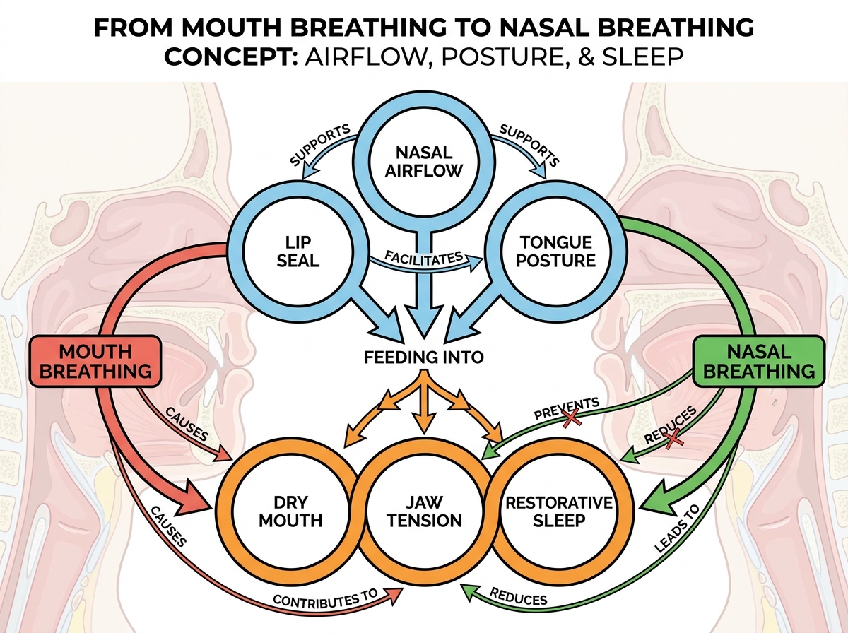 Concept graphic: a three-loop diagram showing nasal airflow, tongue posture, and lip seal feeding into dry mouth, jaw tension, and restorative sleep. Labels connect loops with arrows. mouth breathing to nasal breathing concept.
