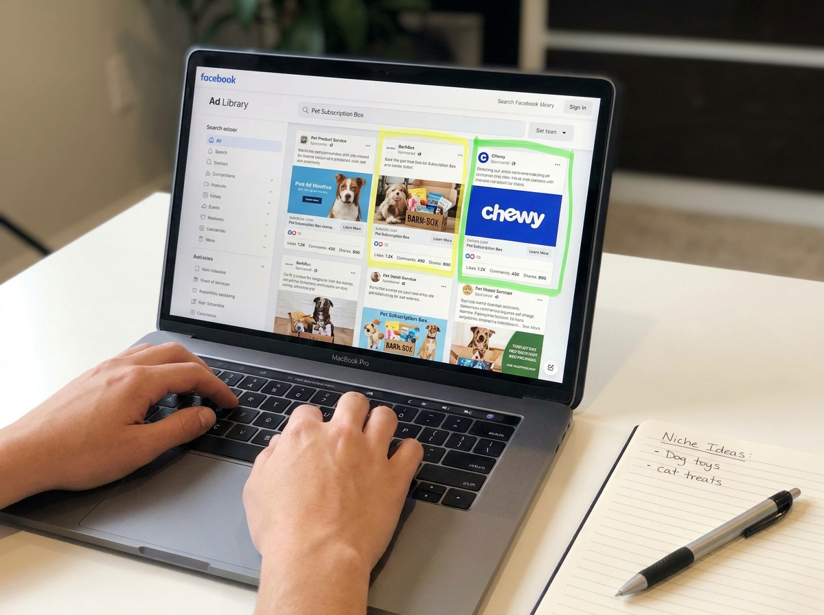 ClickFunnels dropshipping niche research process scene showing Facebook Ad Library search results for a pet subscription niche with competitor ads highlighted and engagement metrics visible