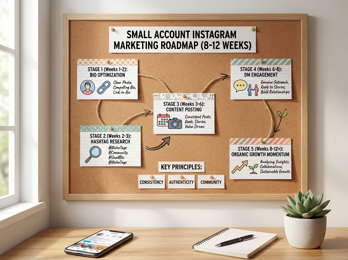 Instagram marketing for small accounts roadmap showing sequential stages from BIO optimization through hashtag research, content posting, DM engagement, to organic growth momentum across 8-12 weeks