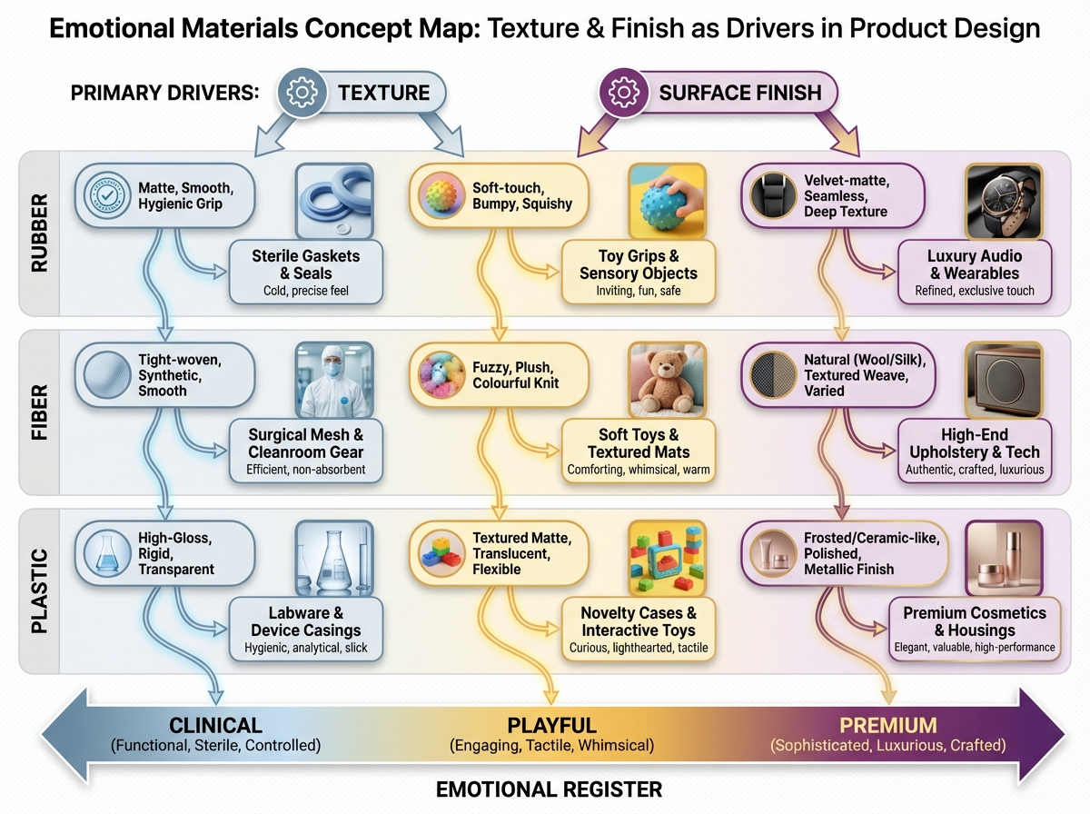 Emotional materials concept map showing rubber, fiber, and plastic categories arranged by emotional register from clinical to playful to premium, with texture and surface finish as the primary emotional drivers in product design
