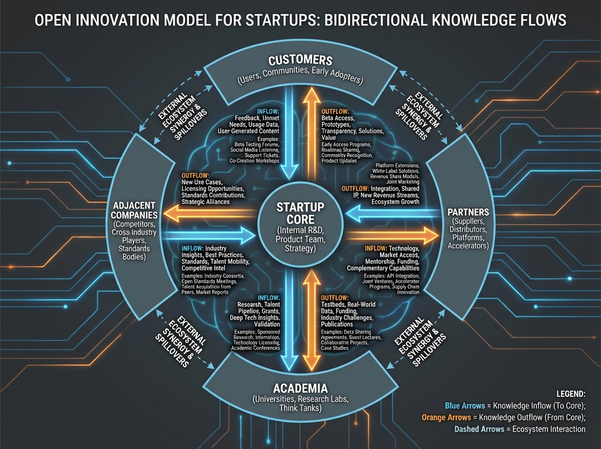 Open Innovation model diagram for startups showing bidirectional knowledge flows between a startup core and external contributors including customers, partners, academia, and adjacent companies with labeled examples